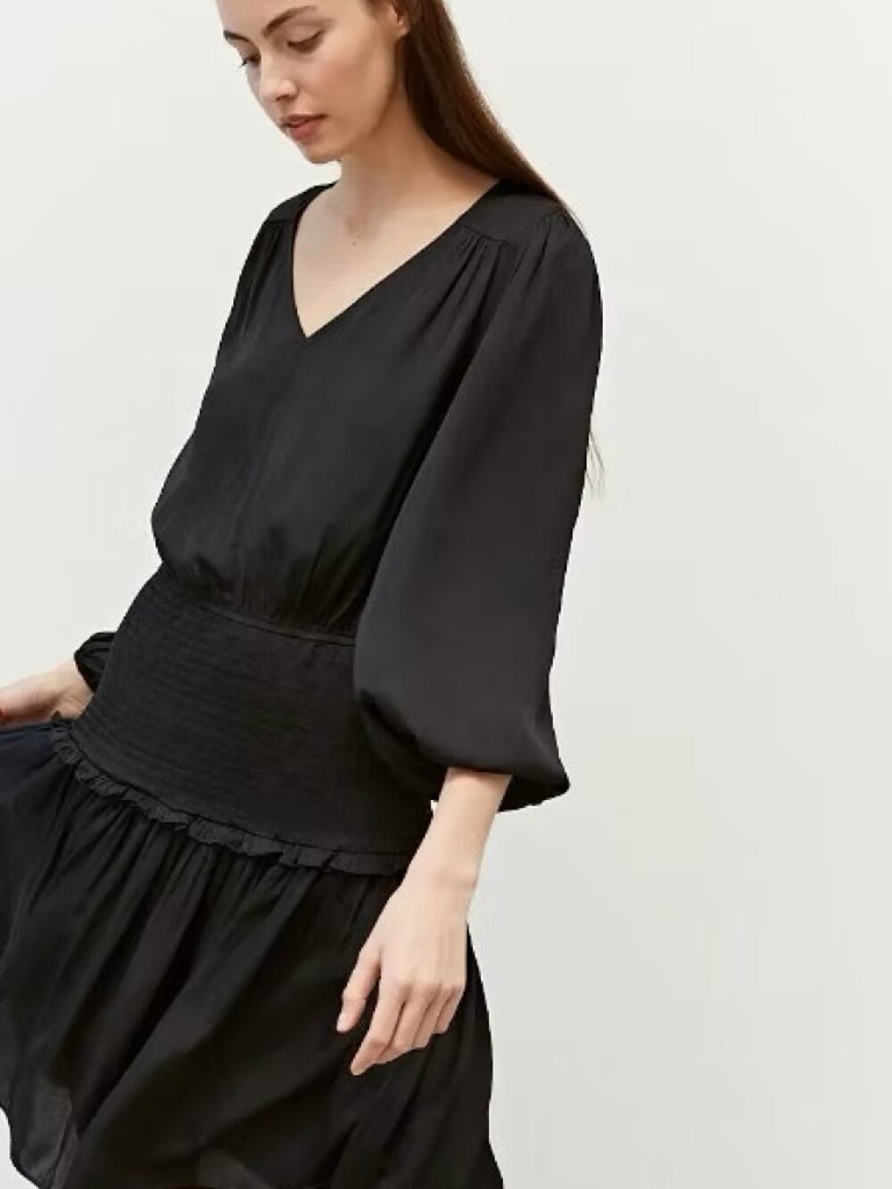 Grade & Gather Black Satin Smocked Waist Tiered Mini Dress